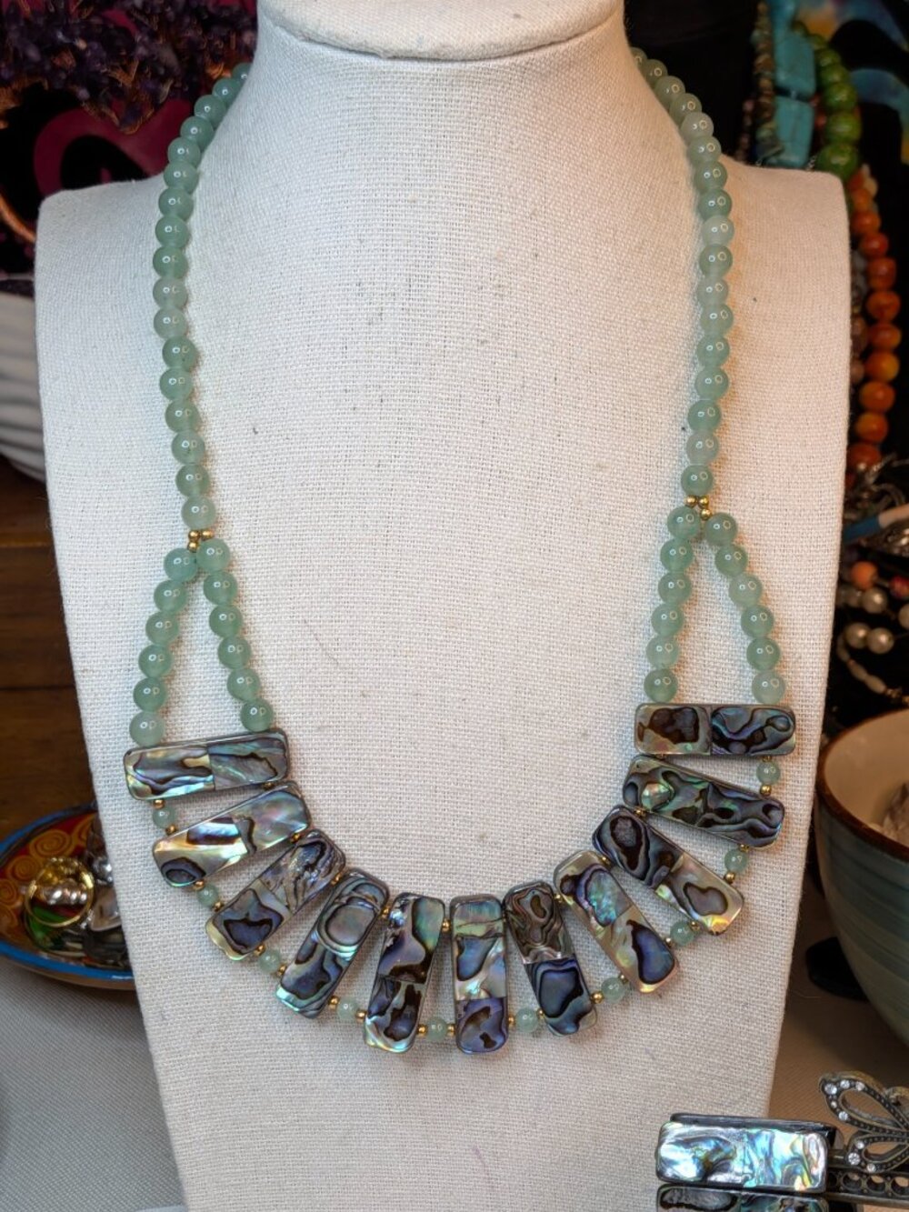 Lee Sands Jade and Abalone Necklace & Bracelet Set – Fringe Bib Style - Picture 3 of 10